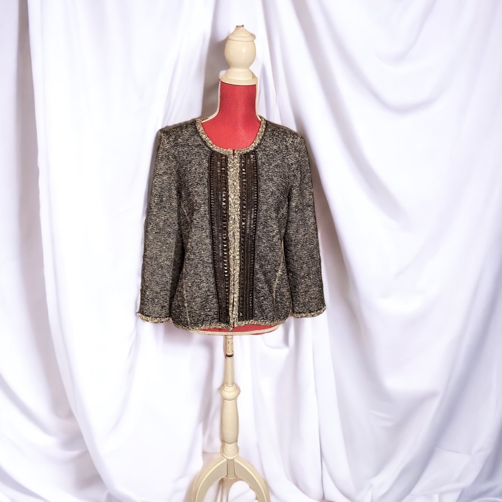 C by Bloomingdale’s Black Cream Beaded Beadwork Cardigan Sweater Women’s XL